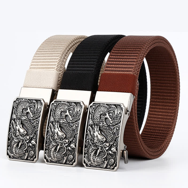 Men's Silver Coiled Dragon Automatic Buckle Nylon Belt - Image 2