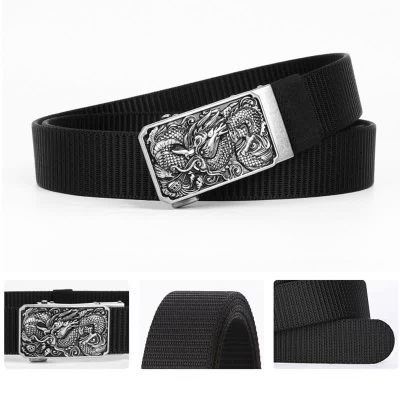 Men's Silver Coiled Dragon Automatic Buckle Nylon Belt - Image 4