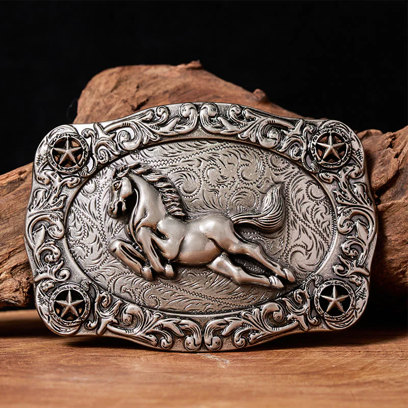 Men's Silver Galloping Horse & Stars Buckle Leather Belt