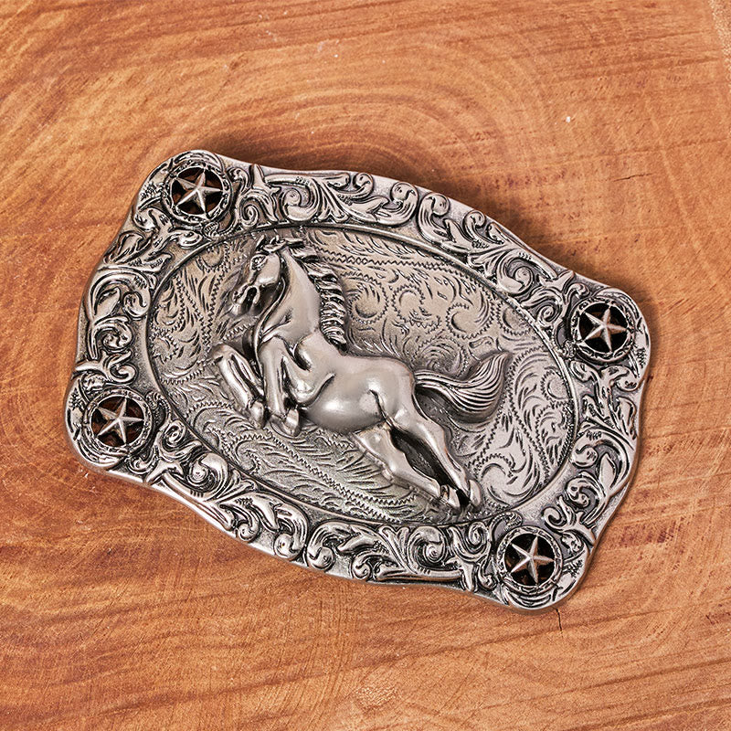 Men's Silver Galloping Horse & Stars Buckle Leather Belt - Image 2