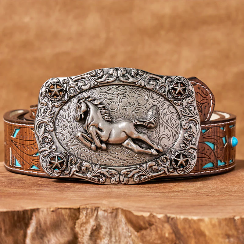 Men's Silver Galloping Horse & Stars Buckle Leather Belt - Image 4