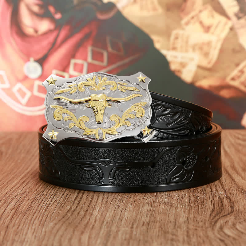 Men's Silver & Gold 3D Bull Head Animal Leather Belt - Image 2