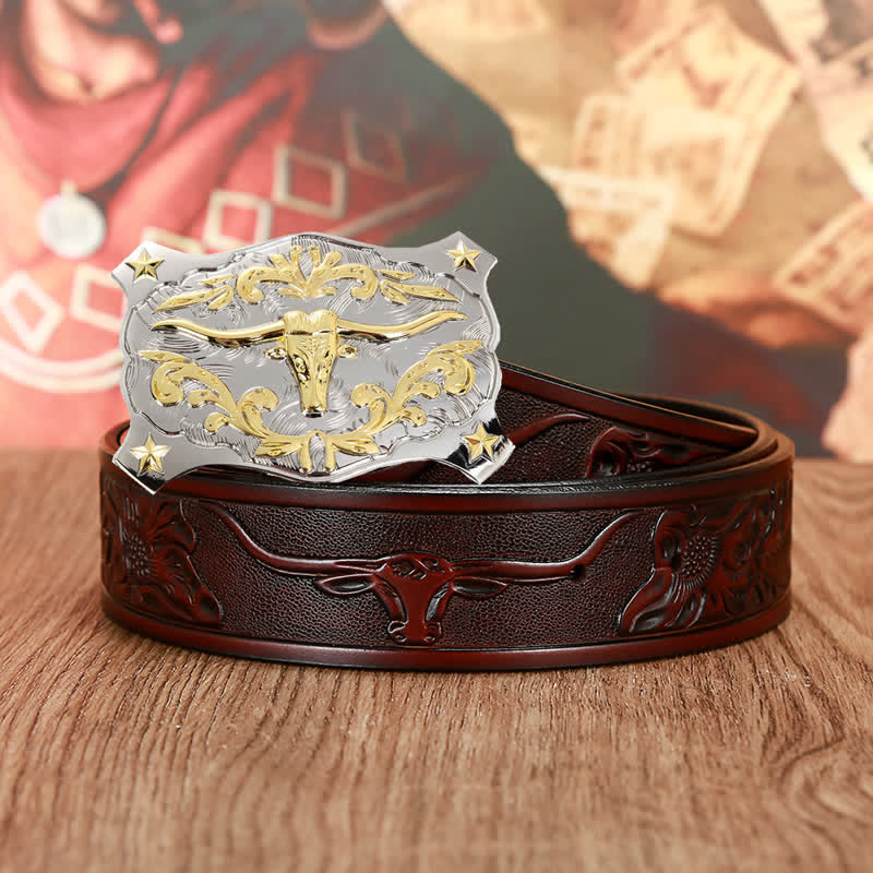 Men's Silver & Gold 3D Bull Head Animal Leather Belt - Image 3