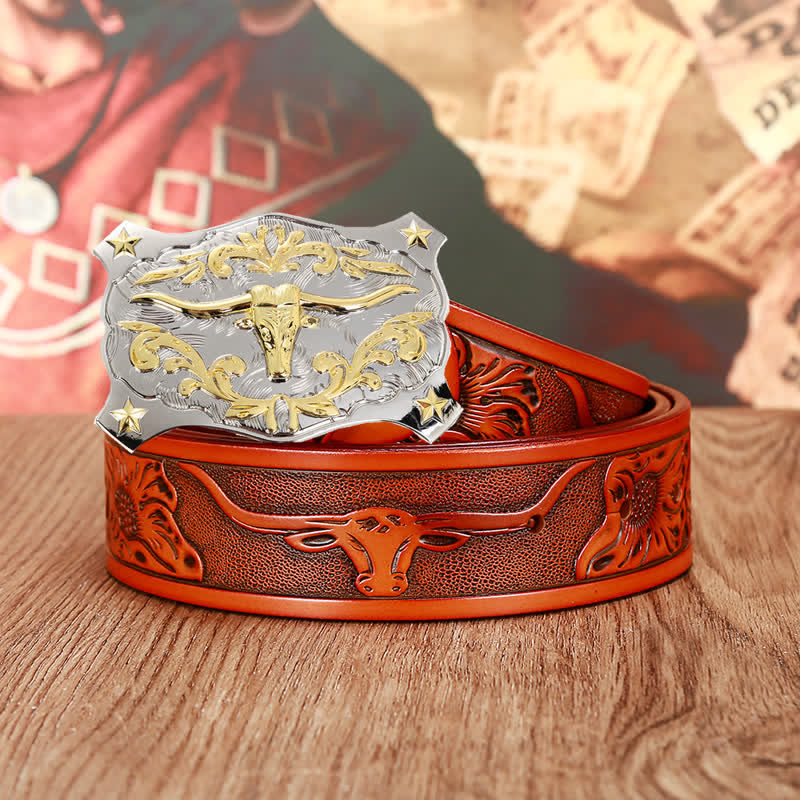 Men's Silver & Gold 3D Bull Head Animal Leather Belt - Image 4