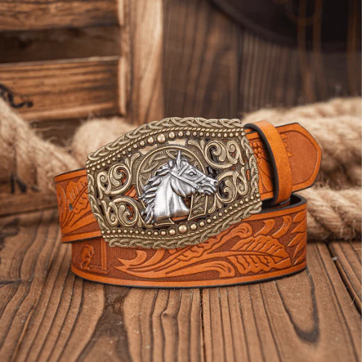 Men's Silver Horse Head Hollow Buckle Carved Belt