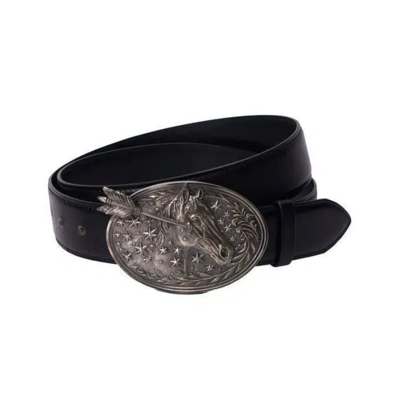 Men's Silver Horsehead Arrow Stars Buckle Black Leather Belt