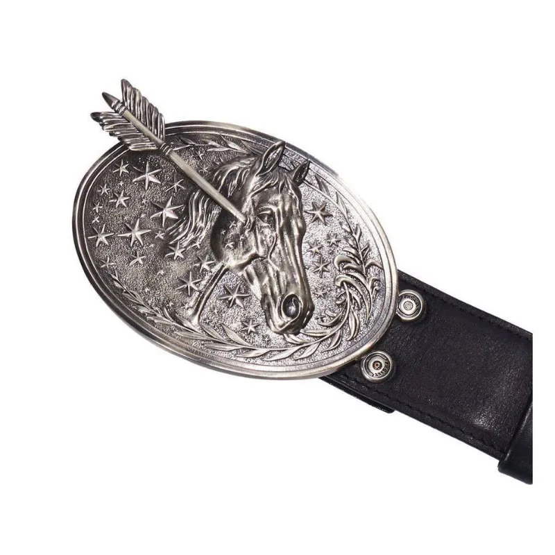 Men's Silver Horsehead Arrow Stars Buckle Black Leather Belt - Image 2