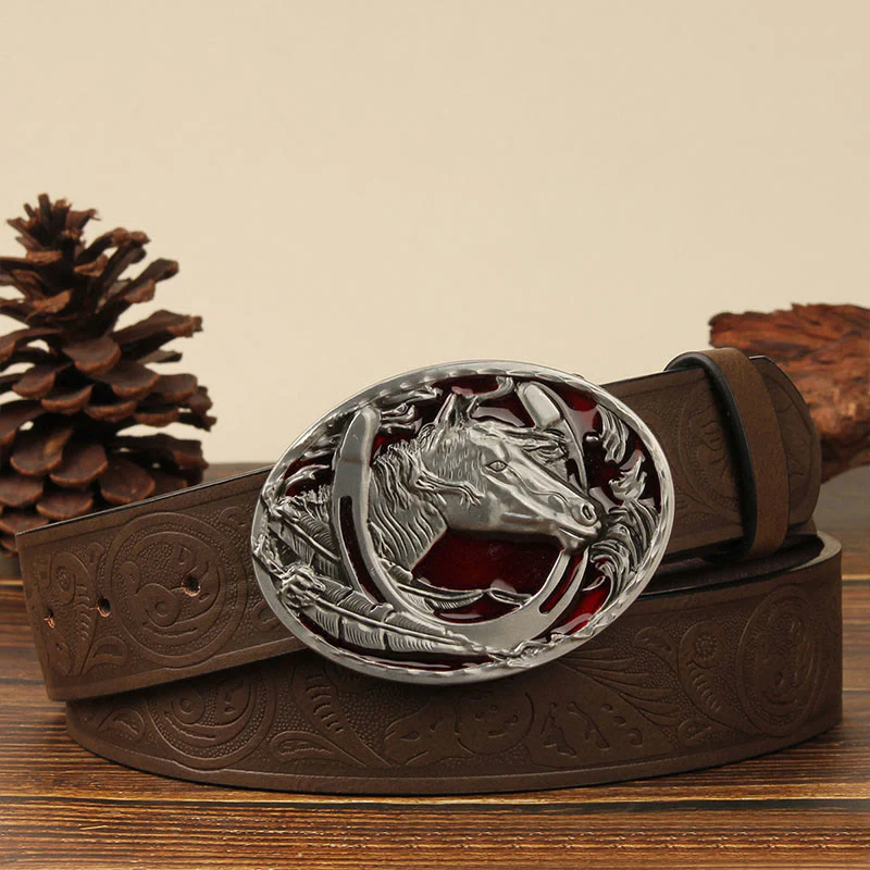 Men's Silver Horsehead & Horseshoe Carving Leather Belt