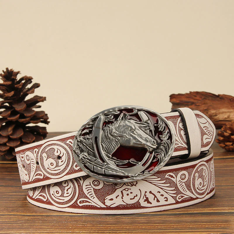 Men's Silver Horsehead & Horseshoe Carving Leather Belt - Image 5