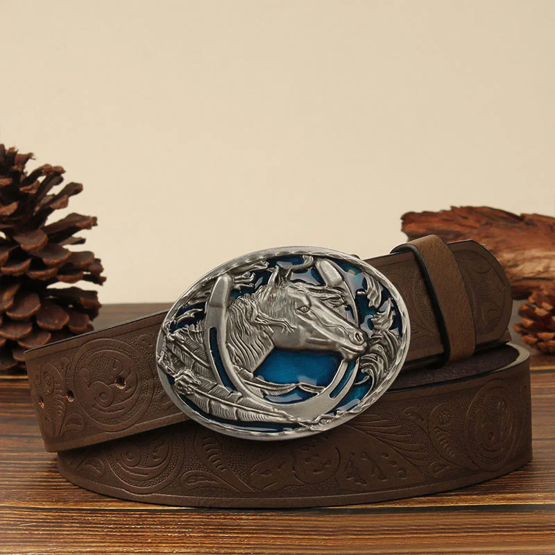 Men's Silver Horsehead & Horseshoe Carving Leather Belt - Image 6