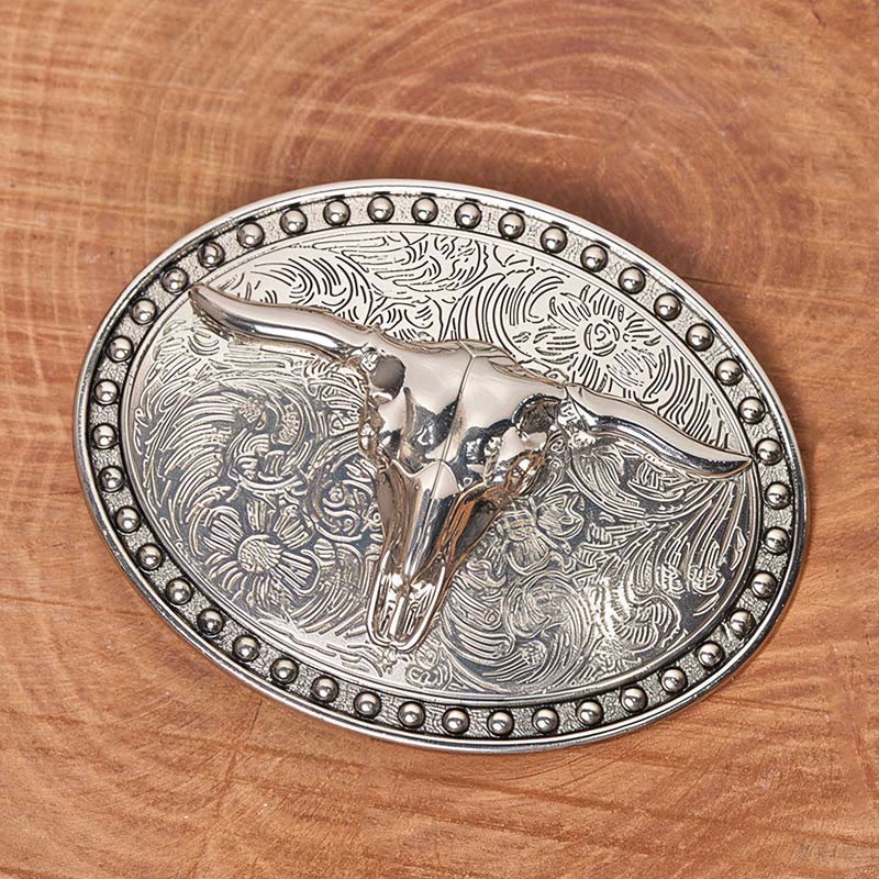 Men's Silver Longhorn Bullhead Oval Buckle Leather Belt - Image 2