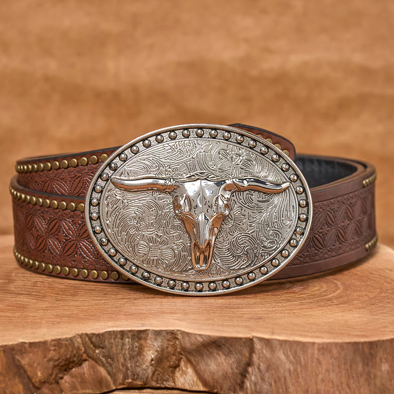 Men's Silver Longhorn Bullhead Oval Buckle Leather Belt - Image 5