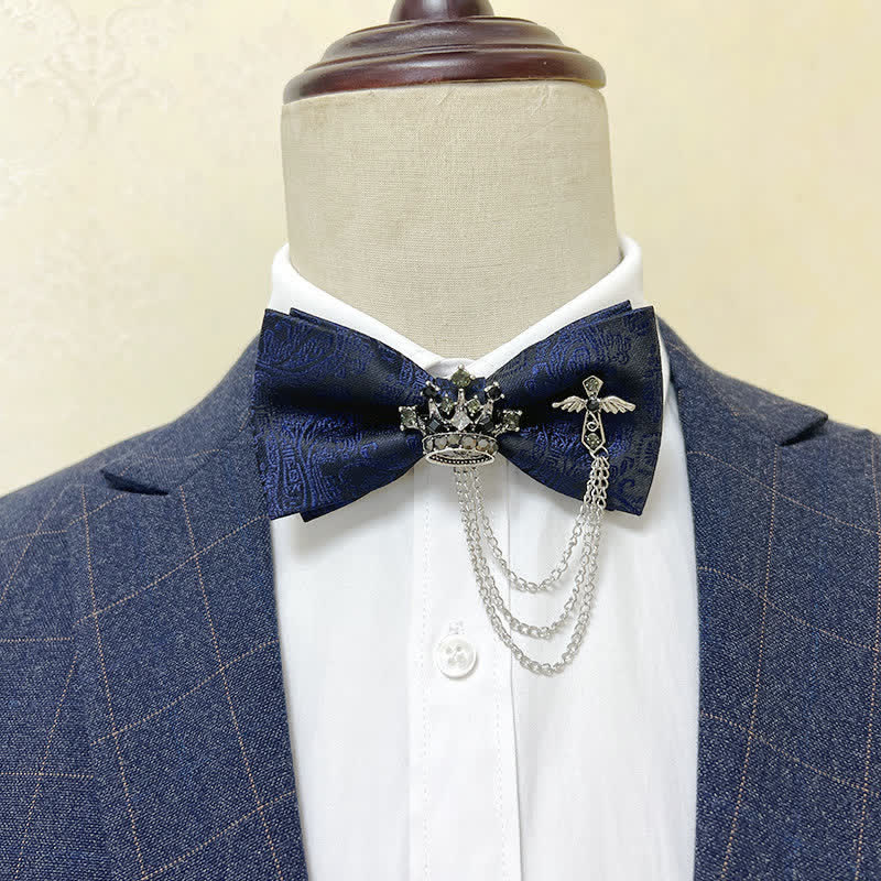 Men's Silver Metal Crown & Cross Chain Bow Tie - Image 10