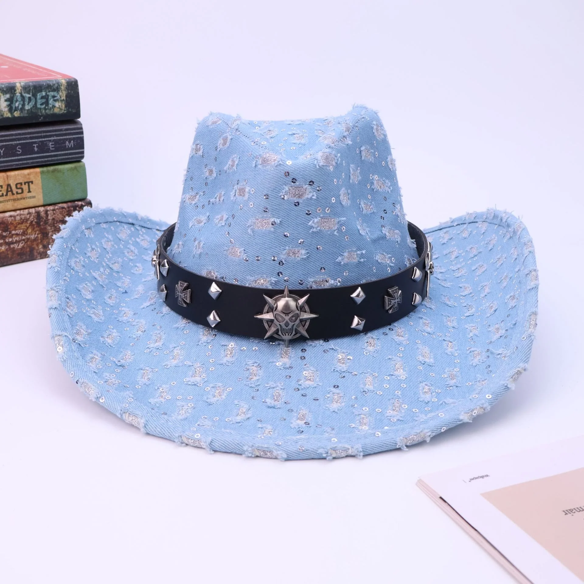 Men's Silver Skull Black Belt Ripped Cowboy Hat - Image 3
