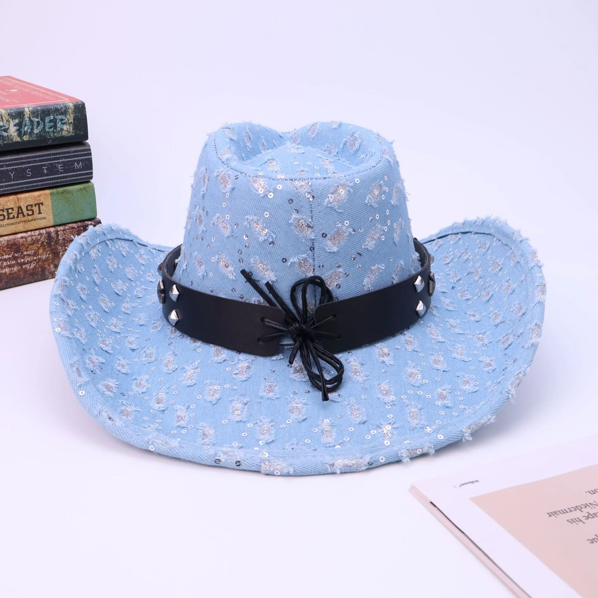 Men's Silver Skull Black Belt Ripped Cowboy Hat - Image 5