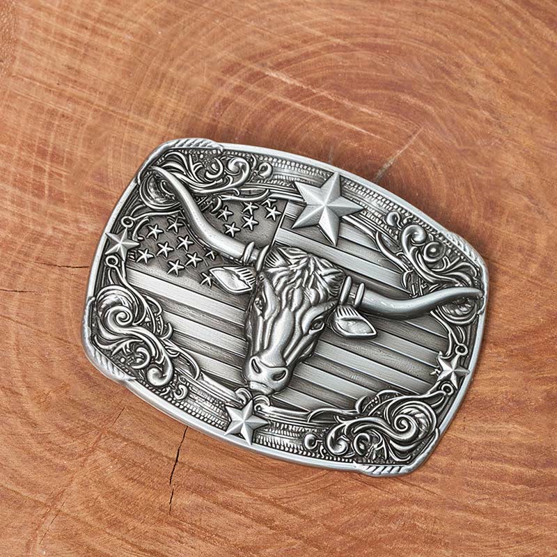 Men's Silver Vintage Star-striped Flag Longhorn bull Buckle Leather Belt - Image 2