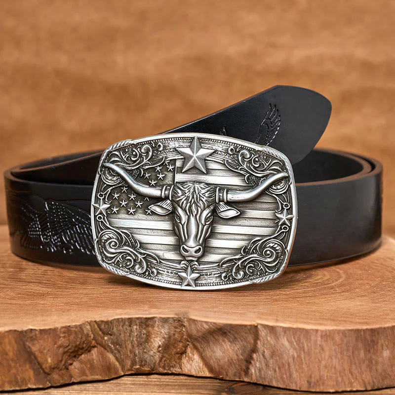 Men's Silver Vintage Star-striped Flag Longhorn bull Buckle Leather Belt - Image 3