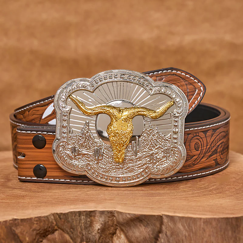 Men's Silver Western Desert Bullhead Relief Buckle Leather Belt - Image 15