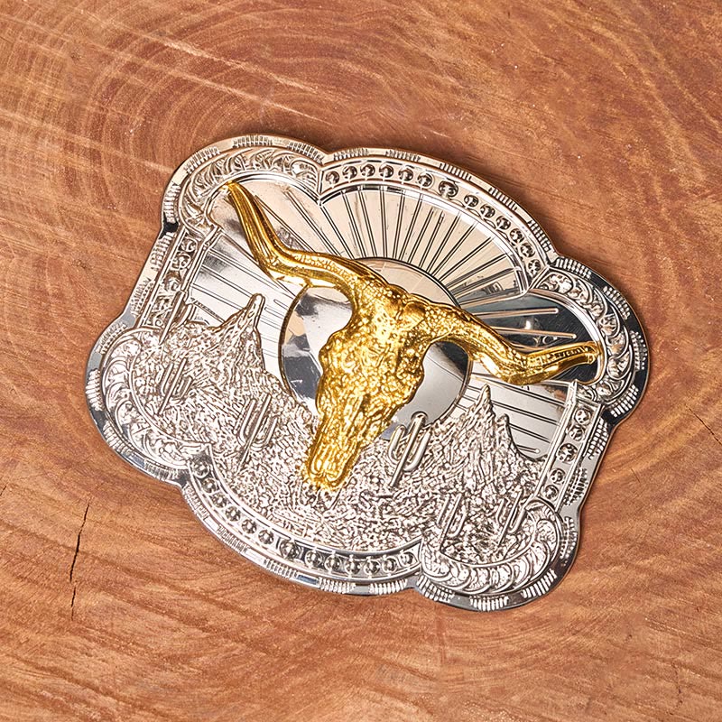 Men's Silver Western Desert Bullhead Relief Buckle Leather Belt - Image 3