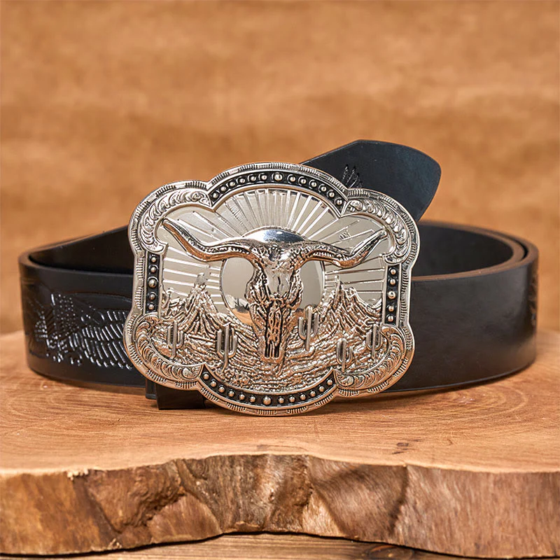Men's Silver Western Desert Bullhead Relief Buckle Leather Belt - Image 4