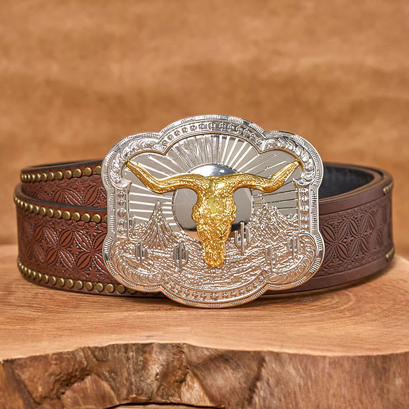 Men's Silver Western Desert Bullhead Relief Buckle Leather Belt - Image 9