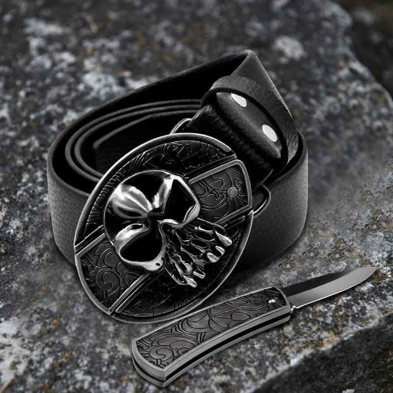 Men's Skull Head Leather Belt With Folding Knife - Image 3