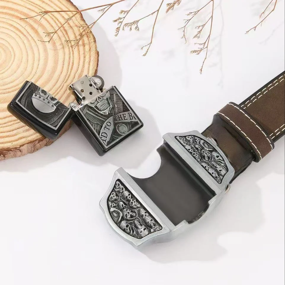 Men's Skull Head Leather Belt With Hidden Lighter - Image 2
