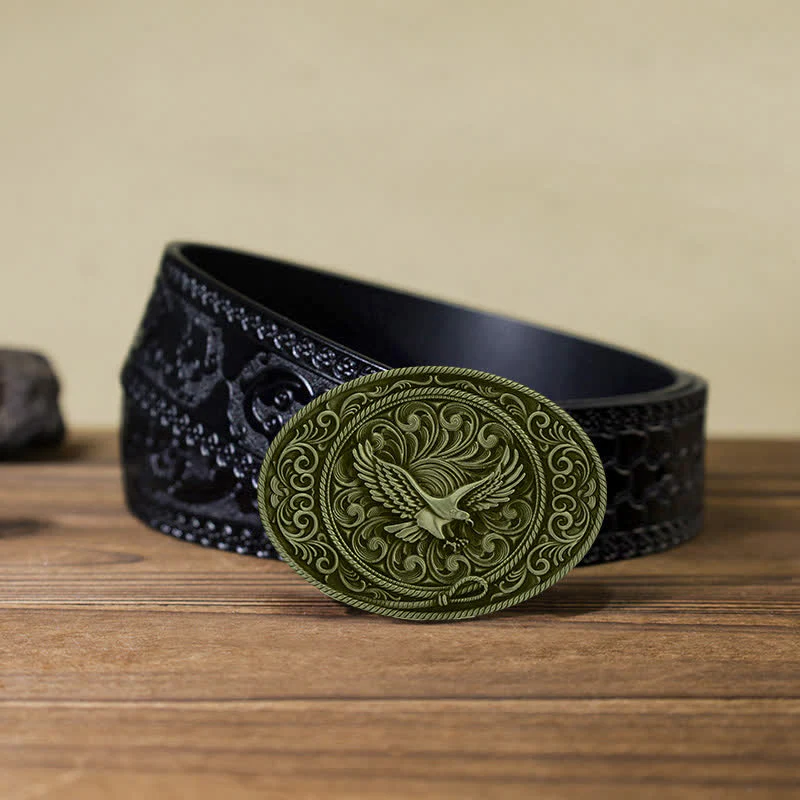 Men's DIY Soaring Eagle Engraved Floral Buckle Leather Belt - Image 15