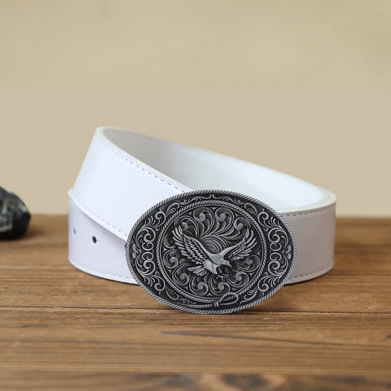 Men's DIY Soaring Eagle Engraved Floral Buckle Leather Belt - Image 8