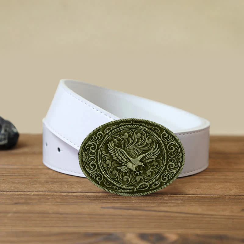 Men's DIY Soaring Eagle Engraved Floral Buckle Leather Belt - Image 9