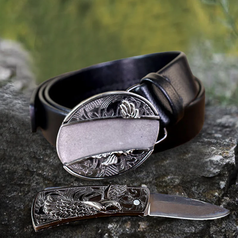 Men's Soaring Eagle Leather Belt With Folding Knife - Image 4