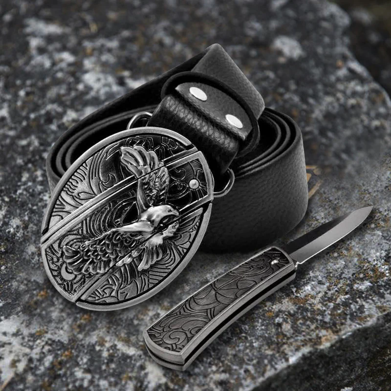 Men's Soaring Eagle Leather Belt With Folding Knife - Image 5