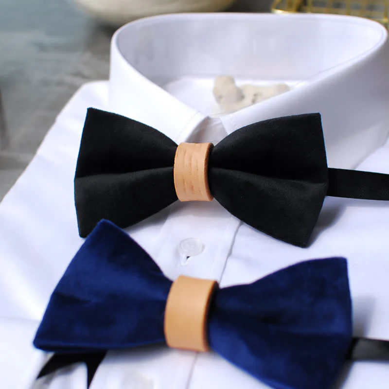 Men's Solid Color Graceful Velvet Leather Loop Bow Tie - Image 5