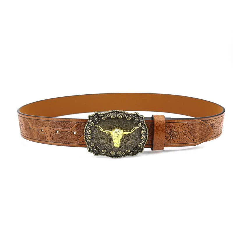 Men's Square Engraved Bull Flower Leather Belt - Image 2