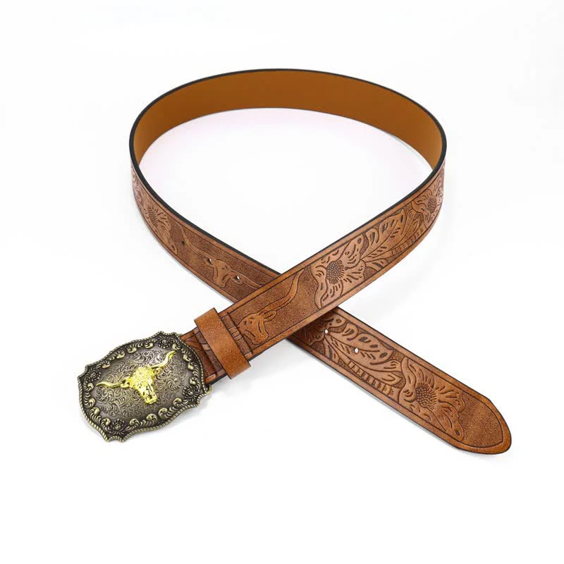 Men's Square Engraved Bull Flower Leather Belt - Image 3