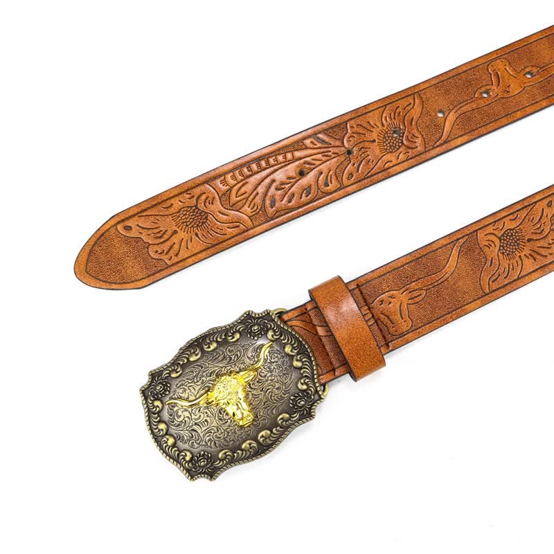 Men's Square Engraved Bull Flower Leather Belt - Image 4