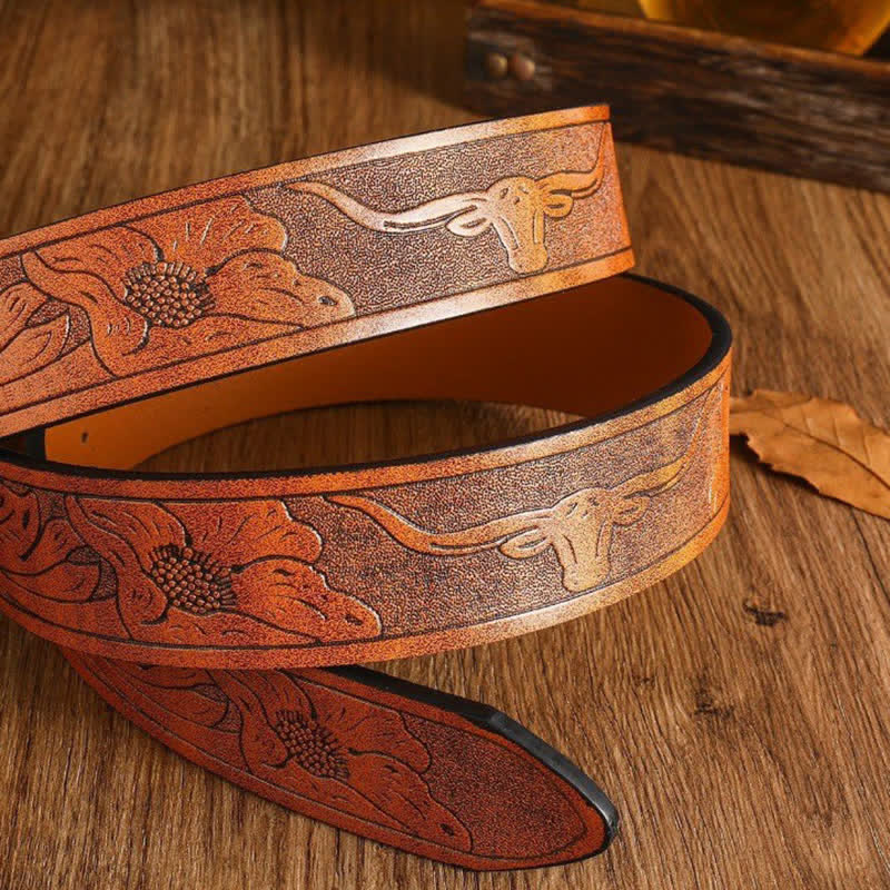 Men's Square Golden Longhorn Bull Leather Belt - Image 11