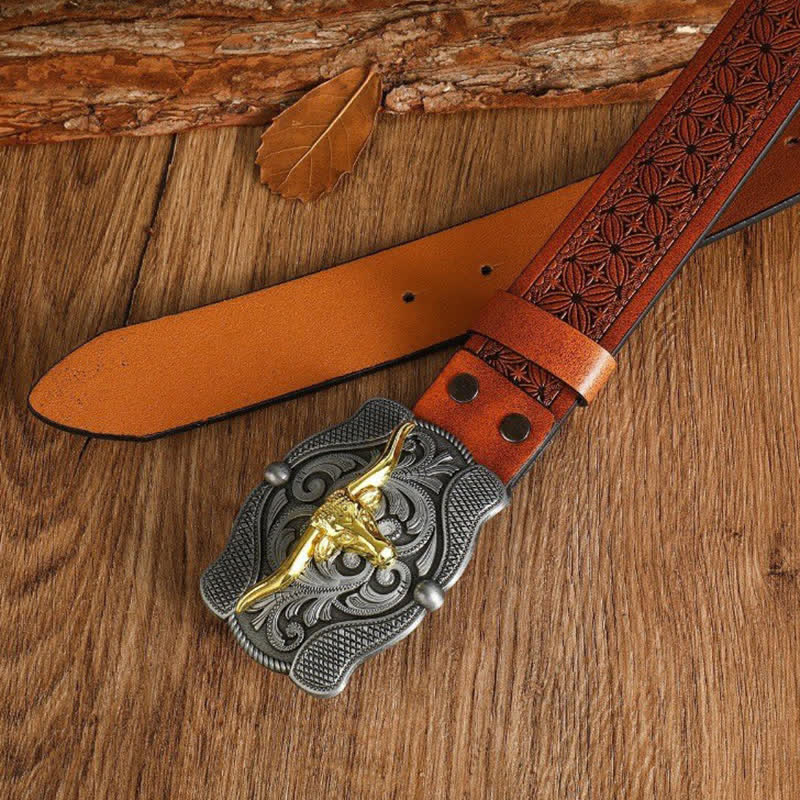 Men's Square Golden Longhorn Bull Leather Belt - Image 15