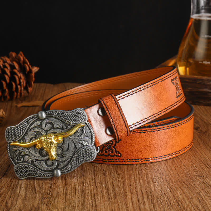 Men's Square Golden Longhorn Bull Leather Belt - Image 4