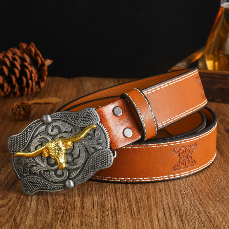 Men's Square Golden Longhorn Bull Leather Belt - Image 5