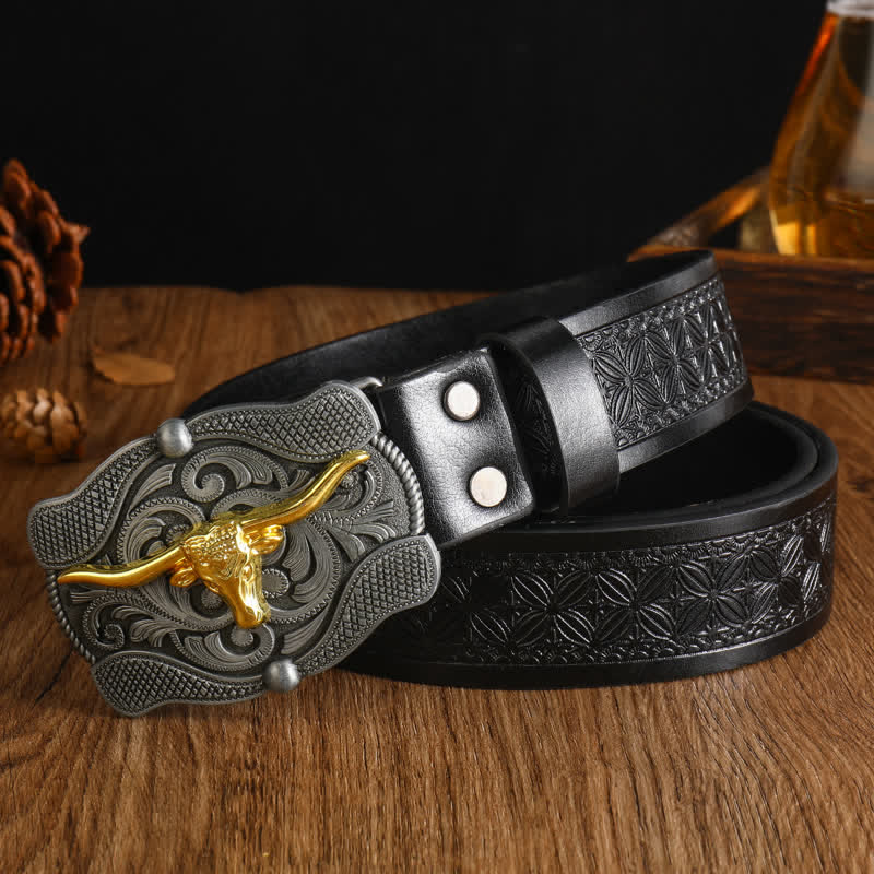 Men's Square Golden Longhorn Bull Leather Belt - Image 7