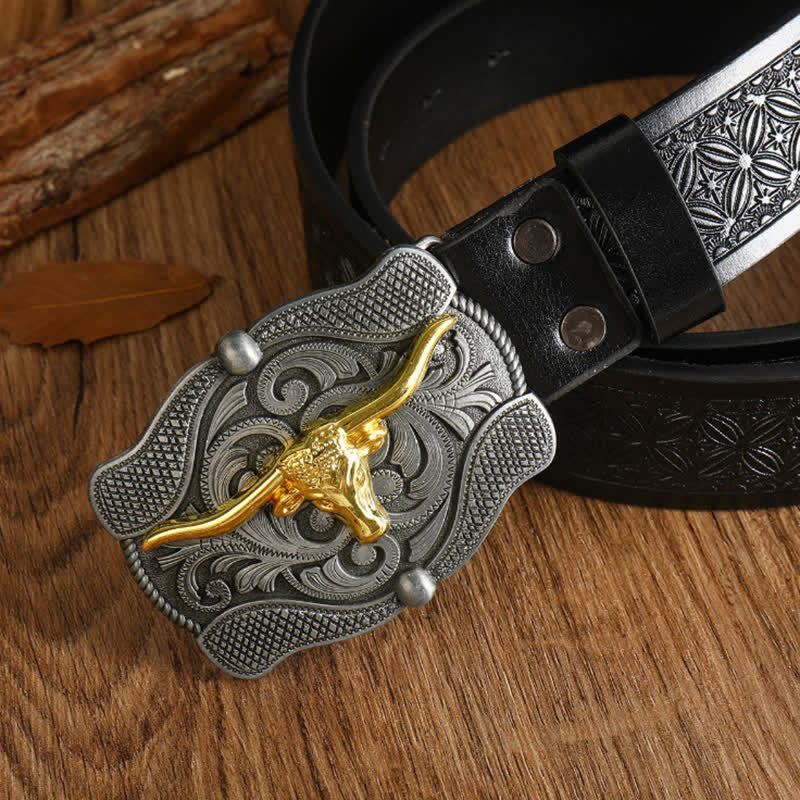 Men's Square Golden Longhorn Bull Leather Belt - Image 8