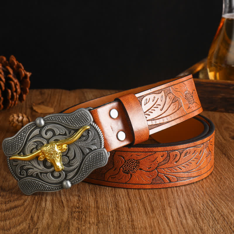 Men's Square Golden Longhorn Bull Leather Belt - Image 9
