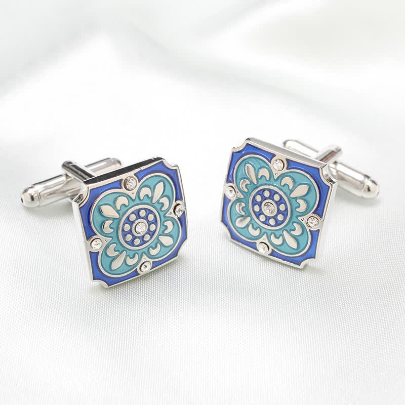 Men's Square Retro Blue Enamel Flower Cufflinks - Image 2