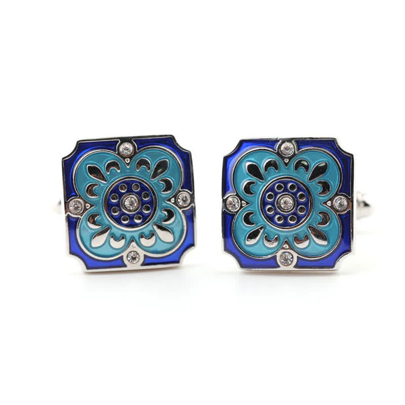 Men's Square Retro Blue Enamel Flower Cufflinks - Image 3