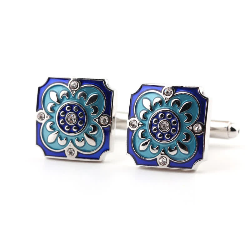 Men's Square Retro Blue Enamel Flower Cufflinks - Image 4
