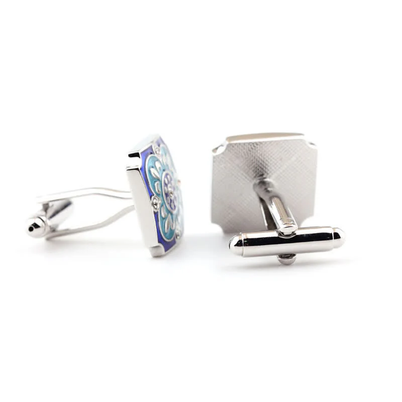Men's Square Retro Blue Enamel Flower Cufflinks - Image 5