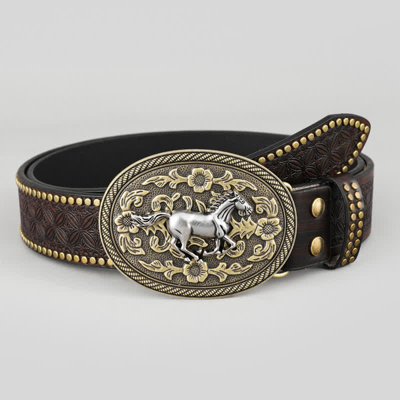 Men's Strong Horse Floral Buckle Leather Belt - Image 2