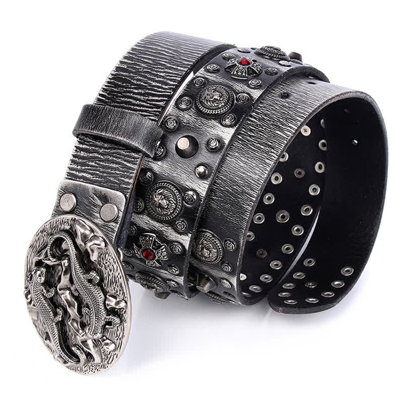 Men's Studded Ruby Lion Ornament Leather Belt - Image 2