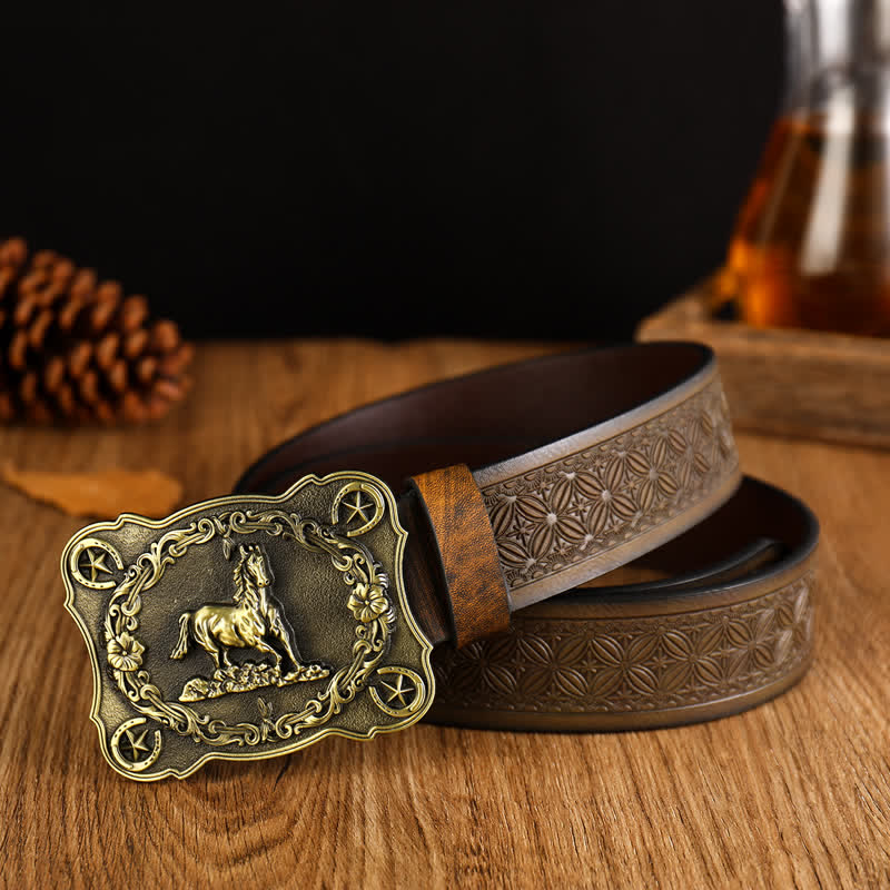 Men's Sturdy Steed Embossed Weave Pattern Leather Belt - Image 3